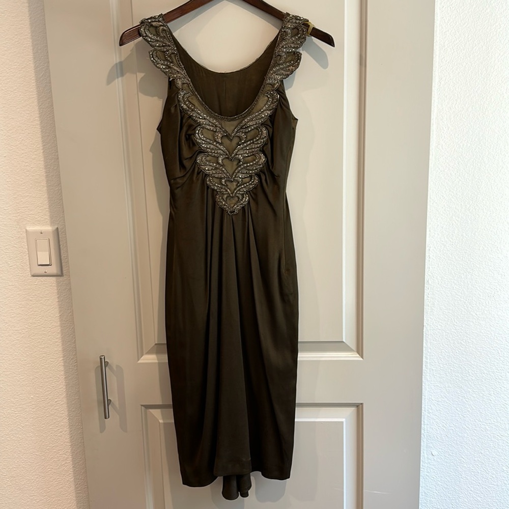 antique style Brown/pewter, formfitting, midi dress. Size 0
